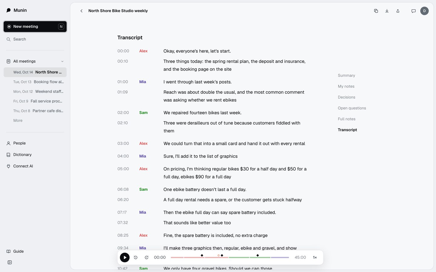 A meeting transcript, each line with a speaker name and time, a player at the bottom