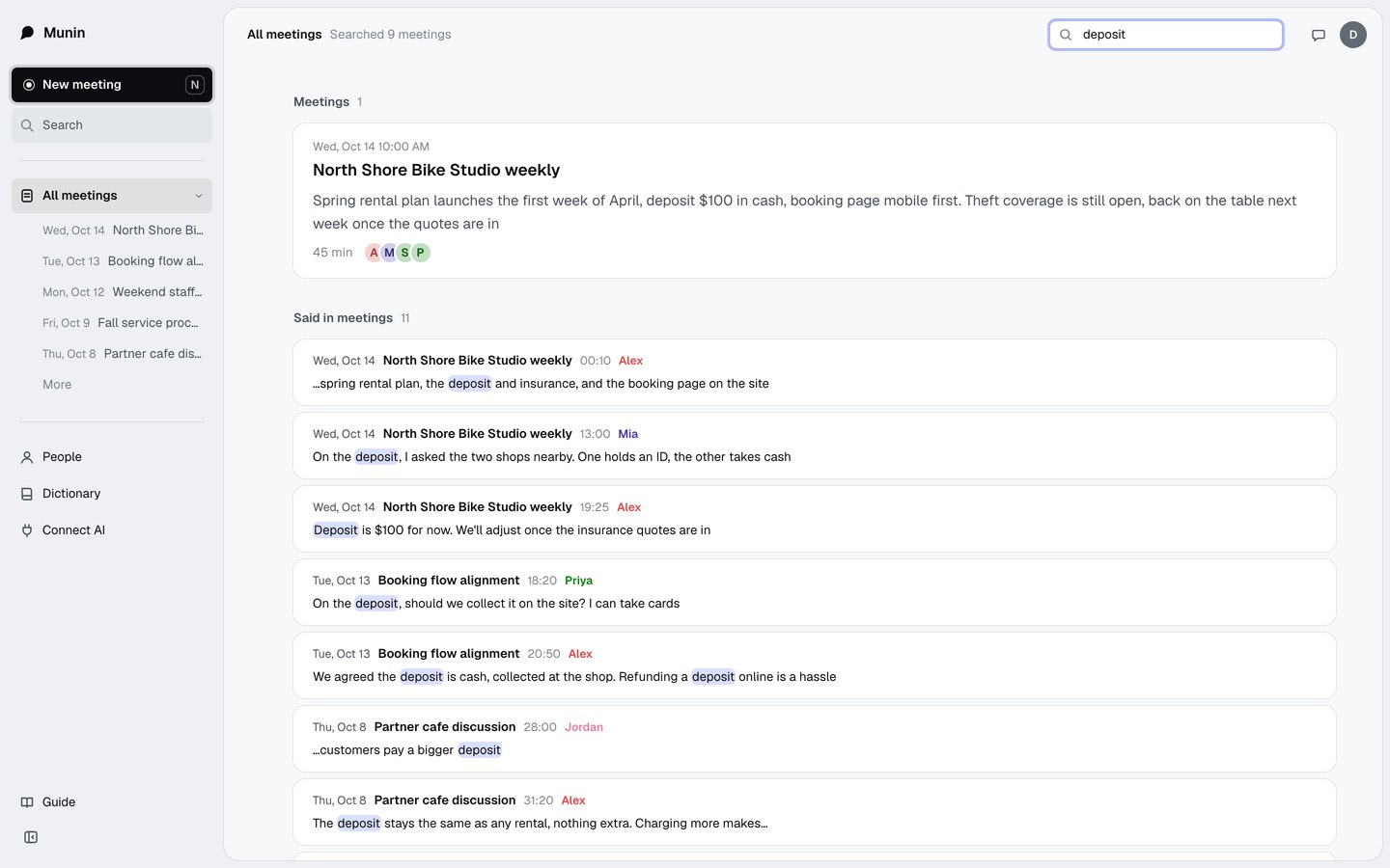 Search for deposit, listing the meetings and lines that mention it