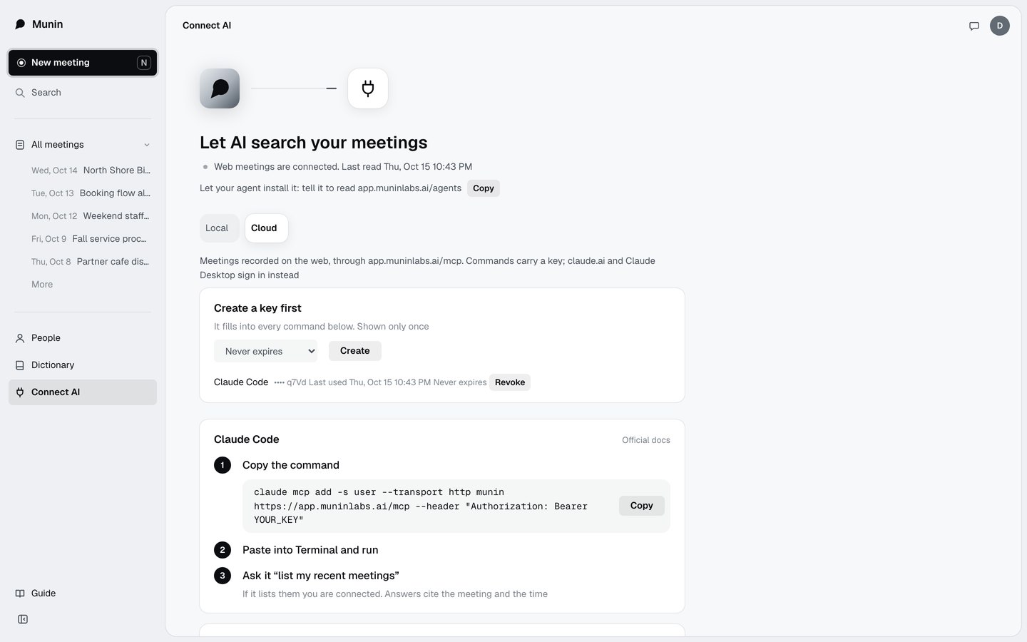 The Connect AI page in cloud mode with setup steps for Claude Code