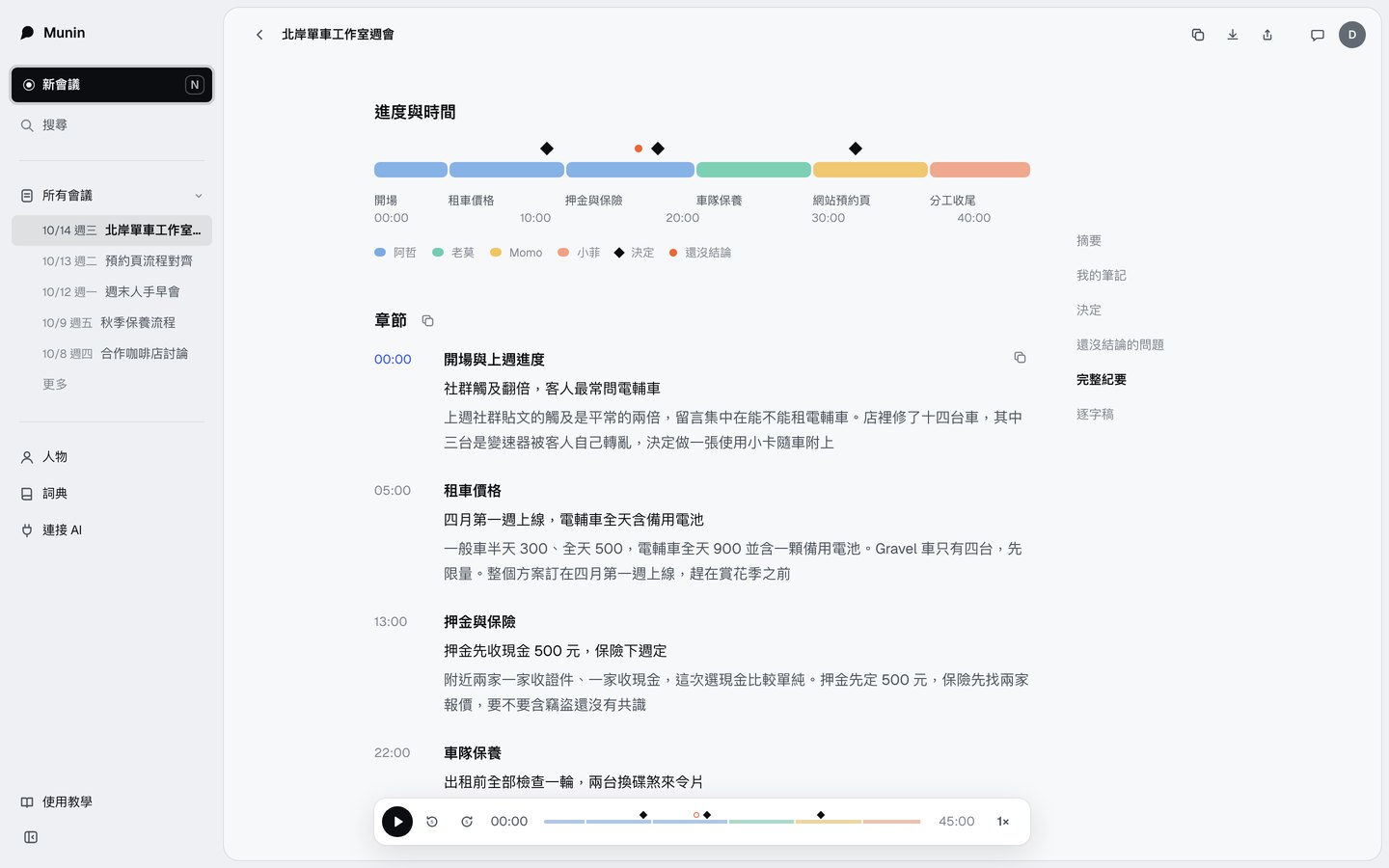 完整紀要的時間軸與章節，標出決定和還沒結論的地方