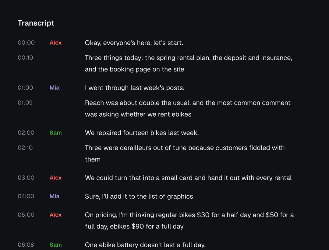 Munin transcript, made up bike studio meeting: each line has its time and the speaker's name