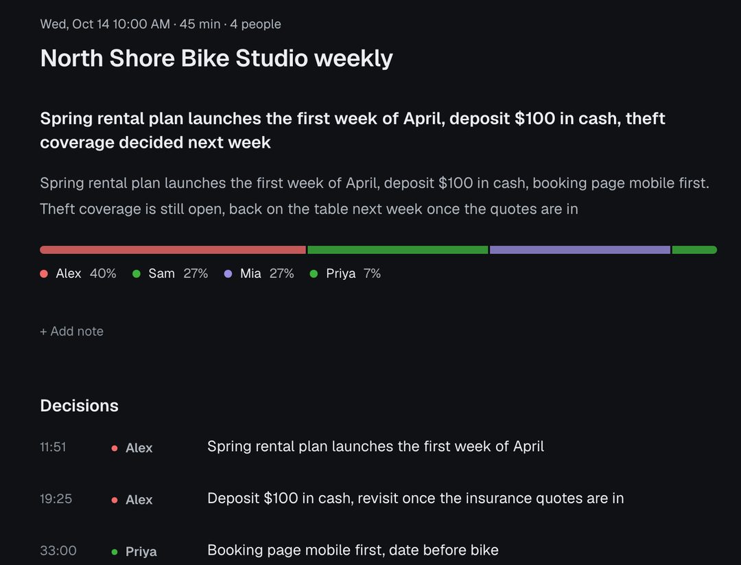 Munin notes page, made up bike studio meeting: a one line summary, who spoke how much, and the decisions with their times